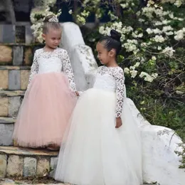 Long Lace Sleeves Flower Girl Dresses Tulle Princess Queen 1st First Birthday Baby Girl for Wedding Dress Little Kids Gowns girl's dresses for party