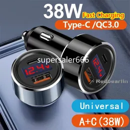 Süper Hızlı Şarj 38W Çift Bağlantı Noktaları USB C Araç Şarj Cihazı Metal Alaşım LED Ekran QC3.0 Araç Şarj Cihazları İPhone 11 12 13 14 15 SAMSUNG HTC S1