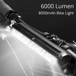 Cykelbelysning 6000 Lumen Bicycle Light Front laddningsbar 8000mAh kraftfull USB LED -lampa MTB Bakre lykta Set Tillbehör 231109