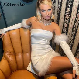 Basic Casual Dresses Xeemilo Aesthetic Strapless Tube Dress Sexy Plush Stitching Off Shoulder Backless With Mid length Oversleeves Clubwear 231109