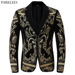 Men's Suits Blazers Luxury Gold Floral Embroidery Black Blazer Jacket Men Lapel One Button Baroque Velvet Suit Jacket for Wedding Party Prom 231109