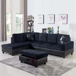 Set di divani da soggiorno in tessuto blu scuro e marrone in 3 pezzi e PVC A