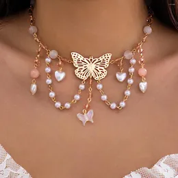 Correntes multicamadas linda borboleta amor coração pingente borla cadeia colar para mulheres kpop imitação de pérolas gargantilha y2k jóias