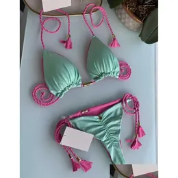 Kvinnors badkläder kvinnor känner flätad rem bikini kostym sexig mode fast färg baddräkt 2 bit set kvinnor rosa baddräkter dr dhcy8