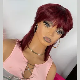 Krótkie proste ludzkie peruki włosy z grzywką Naturalny kolor Brazylijski Remy Hair Pixie Cut Peruka Czarna Burgundowa Czerwona Posteria do włosów dla czarnych kobiet