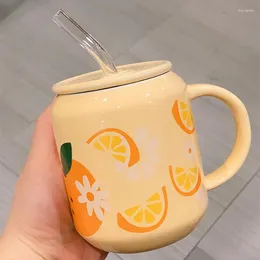 Tassen Kreativer süßer Obst-Keramikbecher mit Deckel Stroh Erdbeere Orange Tasse Wasser Milch Tee Saft Flasche Porzellan Kaffee Trinkgefäße