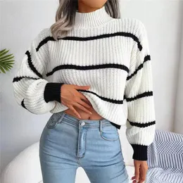 Camisolas femininas Itoolin outono mulheres listrado lanterna manga longa mock pescoço quente pullovers de malha casual streetwear solto inverno 231110