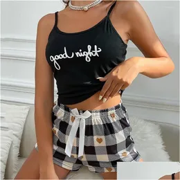 Women'S Sleepwear Womens Sleepwear 2Pcs Pajamas Set Sling Top Shorts Suit Summer Letter Print Pijama Y Lingerie Camisoles Tanks Nighty Dhmwh