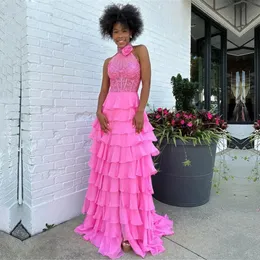 Ruffle Layers Chiffon A-Line Prom Evening Dresses With Flower Beaded High Neck Layered Party Dress for Special OCN 326 326