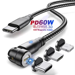 60W PD Fast Charger Cable USB till typ C Micro 540 Magnetiska datakablar Laddningstråd för MacBook Laptop iPhone Samsung Huawei All telefon