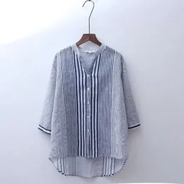 Kvinnors blusar skjortor Summer Art Nouveau Style Women's 3/4 Sleeve V-hals Casual Shirt Cotton Linen Stripe Vintage Women's Loose Top 230410