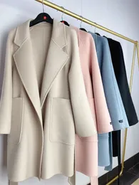 Женское осеннее полушерстяное пальто с отложным воротником, женское шерстяное пальто с поясом, длинные розовые топы с большим карманом для Casaco Feminino 231110