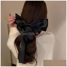 Hårklämmor Barrettes 2022 Ny mori frisör flicka svart Big Bow Long Ribbon Hair Clips for Women Fashion Accessories Drop Dhgarden DH6E7