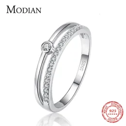 Trauringe Modian Echt 925 Sterling Silber Linie Mode Klar CZ Ringe Für Frauen Luxus Schmuck Hochzeit Zubehör Geschenk Mit Box 230410