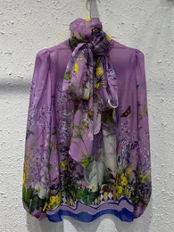 Kvinnors blusar 2023 Spring Summer Silk Women Shirt Scarf Collar Fashion Purple Flower Printing Elagnt Lady High Street