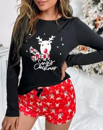 Women's Sleepwear Casual Women Shorts Set Long Sleeve Round Neck Christmas Reindeer Print Bowknot Decor Home Pajama Two Piece Sets 2023