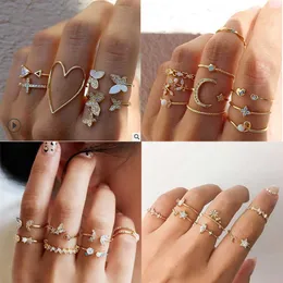 Band Rings Bohemian Geometric Rings Sets Gold Color Crystal Star Moon Flower Butterfly Knuckle Finger Ring Set For Women Fashion Jewelry P230411