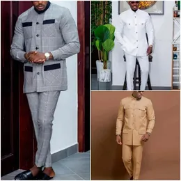 Herrdräkter blazrar Elegant afrikansk stil Mäns lyxdräkt Plaid Rand Single Breasted Suit and Pants 2 Piece Casual Business Suit for Men 231110