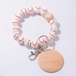 Charm Bracelets Wood Beads Keychain For Keys Basketball Football Print Charms Wooden Wristlet Bracelet Keyring Women Men Wholesale