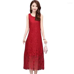 Casual Dresses 2023 Summer Women Dressing Large Size Slim Temperament spets Lång fast färg ärmlös Vest Vestido OK001