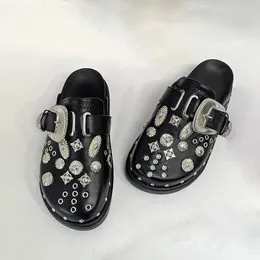 Slippare Summer Women Platform Nitets Punk Rock Leather Mules Creative Metal Fittings Casual Party Shoes Female Outdoor Slides 230411