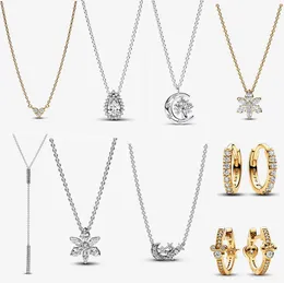 Nytt designer halsband för kvinnor Diy Fit Pandoras Sparkling Moon Star Series Pendant Necklace Earrings New Year Christmas Wedding Engagement Jewelry Gift With Box