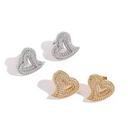 Hip Hop Hollow Heart Stud örhängen Bling Full Zircon 18K Real Gold Plated SMYCE