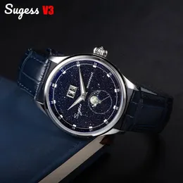 Obejrzyj zespoły Sugess Moonphase of Men 40 mm Automatyczne mechaniczne zegarek mechaniczne Seagull ST2528 MOVE STEAL FORES STEAL BLEID SIftstone Dial 231110