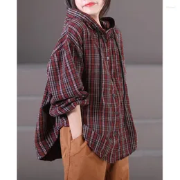 Women's Blouses Korean Fahison Women's Loose Wide Sping Shirt Drawstring Hooded Brushed Cotton Plaid Tops Blusa De Tricot Feminina