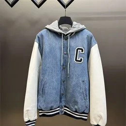 High Edition c Family New Letter Embroidery Unisex Casual Loose Panel Leather Sleeve Hooded Zipper Baseball Jersey
