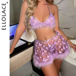 Other Panties Ellolace Feather Lingerie Butterfly Underwear Women Transparent Sexy Without Feeling Purple Thongs 3Pieces Fancy Lace Intimate 230411