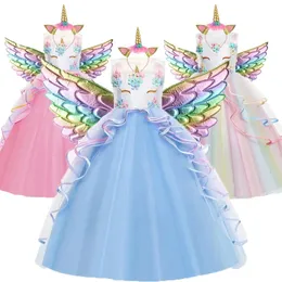 Flickans klänningar Unicorn Dress for Girls Birthday Party Clothes Brodery Flower Ball Gown for Kids Rainbow Formal Princess Children Costume 231110