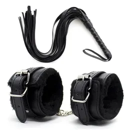 Adult Toys 2Pcsset PU Leather Erotic Handcuffs Ankle Cuffs Restraints With Whip BDSM Bondage Slave Sex For Couple Games Flogger 230411