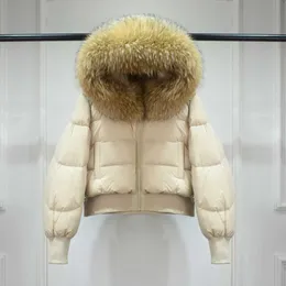 Grande vera pelliccia di procione con cappuccio corto e soffice piumino da donna invernale in piuma d'anatra cappotto parka femminile impermeabile