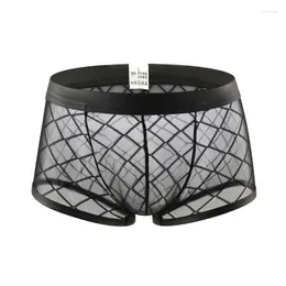 Underbyxor Mäns underkläder sexig andningsbar tunn boxershorts mesh diamant transparenta sömlösa män