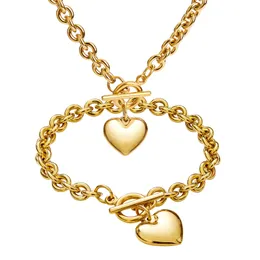 Conjunto de joias femininas meninas de aço inoxidável corrente oval dourada amor coração pingente colar + conjunto de pulseira para presentes da moda 18 polegadas + 8 polegadas