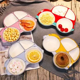 Assiettes vaisselle en céramique pour enfants, bol de voiture créatif de dessin animé, assiette à grille mignonne, os de bébé, collation ménagère en porcelaine avec fourchette cuillère