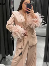 Women's Two Piece Pants Feather Sleeve Blazer Suit Jacket Loose Solid Pleated Wide leg Trousers Two piece Set 2023 Spring Female 230411