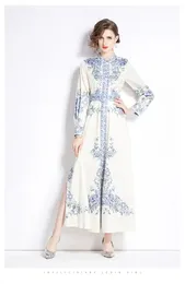 فساتين أساسية غير رسمية 2024 ربيع العطلات مدرج Maxi Dress Women's Lantern Sleeve Ploral Print Single Single High Weist Belt Long Party Vestidos