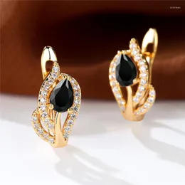 Hoop örhängen Dainty Water Drop Leaf för kvinnor Vintage Black Crystal Stone Earring Antik guldfärg Bröllopsengagemangsmycken