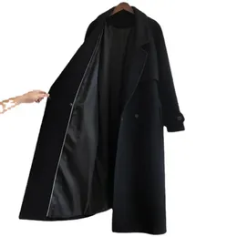 Misturas de lã feminina outono inverno 2023 preto casaco de lã moda cinto solto temperamento é fino casual trench senhora do escritório longo 231110