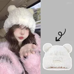 Bérets mignon ours oreille épais chaud en peluche femmes chapeau hiver épaissir fourrure moelleuse fausse coupe-vent cache-oreilles casquette bonnets bonnet