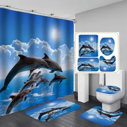 Shower Curtains 3D Ocean Design Dolphin Waterproof Fabric Bathroom Curtain Blue Set Anti-skid Rugs Toilet Lid Cover Bath Mat251I