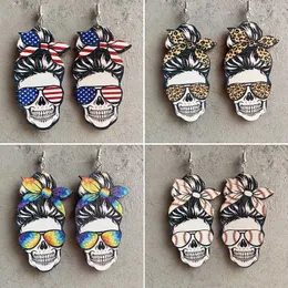 Dangle Chandelier July 4 American Independence Day Female Skull Earrings Leopard Print Tiedyed Baseball Softball Sports Wooden Earrings Jewelry Z0411