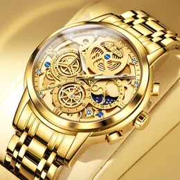 Wristwatches OLEVS Original Watch for Men Luxury Gold Skeleton Analog Quartz Date Chronograph Wristwatch Stainless Steel Waterproof Luminous 230410