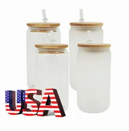 US Warehouse 16oz Sublimation Glass Beer Dugs with Bamboo Lid Straw Diy Blanks Frosted Can على شكل كؤوس Tumblers Cups نقل الحرارة N0411
