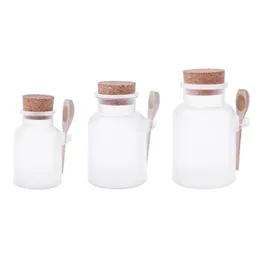 Scrub Bath Salt ABS Bottle Sealed Jar Wooden Spoon Soft Cork Storage Stopper Bottle Frosted Seal Refillable Mask271D