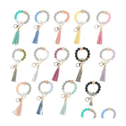 12 Farben Sile Perlen Quaste Bead String Armband Schlüsselanhänger Lebensmittelqualität Leopard Holzarmbänder für Frauen Mädchen Schlüsselanhänger Drop Lieferung Dhvpa