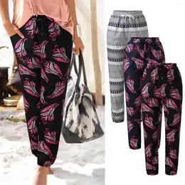 Pantalones de mujer Pantalones estampados de cintura alta para mujer Pantalones fáciles Largos Boho Viajes Playa Hawaii Bolsillos Rápido En stock