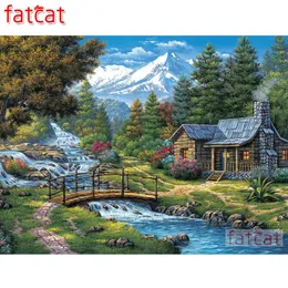 Målningar Fatcat 5d DIY Diamond Målning Snow Mountain River Waterfall Hut Landskap Full Square Round Borr Diamond Embroidery Sale AE2257 231110